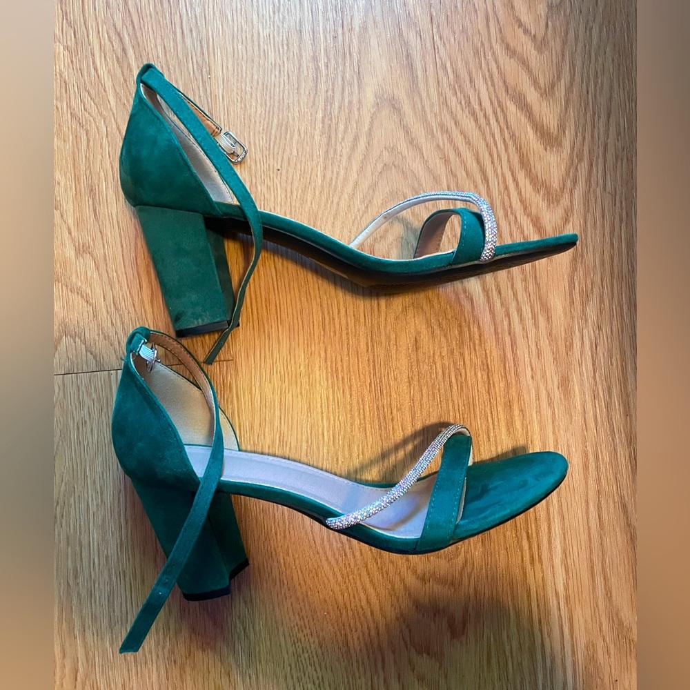 Green Rhinestone Stacked Heels